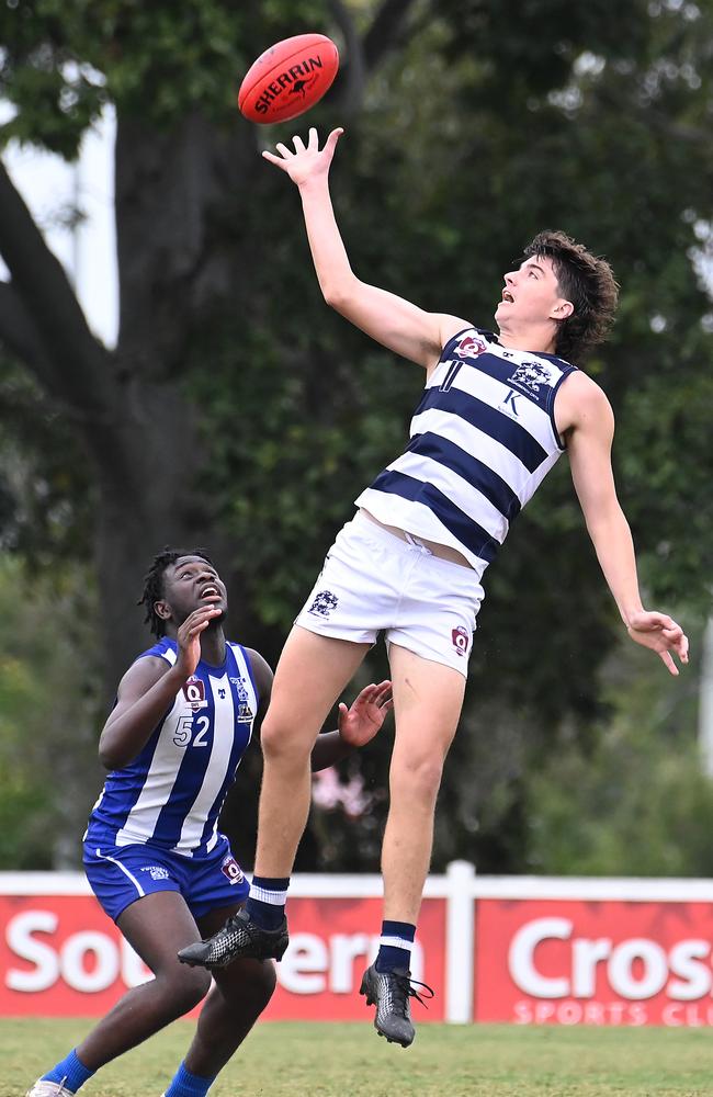 Broadbeach player Charlie Gwynne and Mt Gravatt player Muhamad Mossi QAFL colts Mt Gravatt v Broadbeach. Saturday June 1, 2024. Picture, John Gass