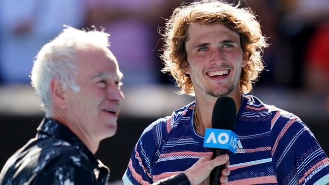 John McEnroe interviews Alexander Zverev of Germany. Picture: AAP Image/Scott Barbour.