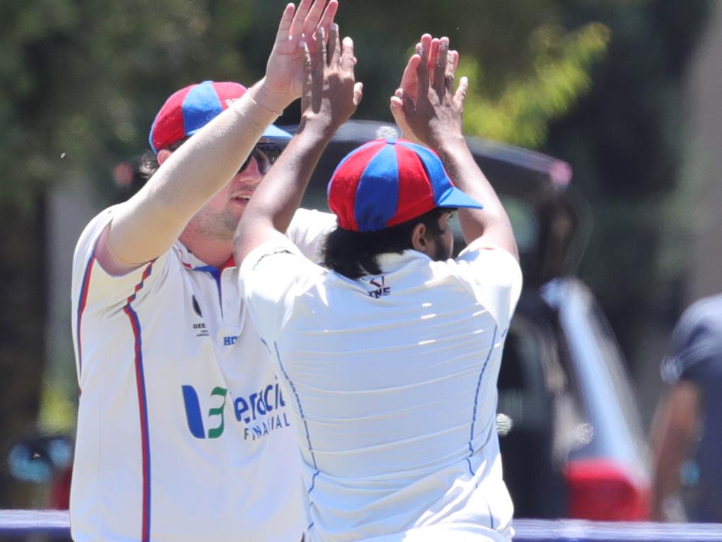 Bell Post Hill celebrating getting the wicket of Geelong City batsman Hamish McDine off the bowling of Dylan Walsh Picture: Mark Wilson