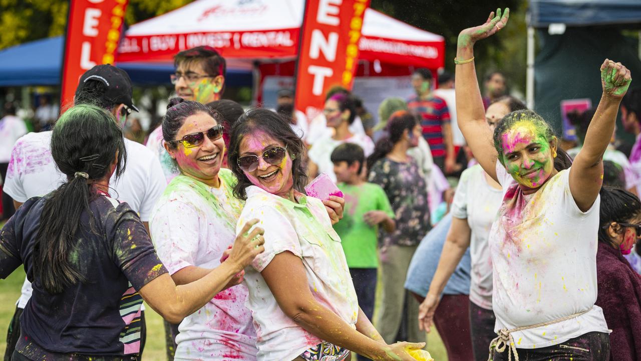Celebrating Holi are (from left) Neha Kansagara, Nancy Shah and Parul Patel as Toowoomba Indian and Nepalese communities unit for the festival of colours, Saturday, March 23, 2024. Picture: Kevin Farmer