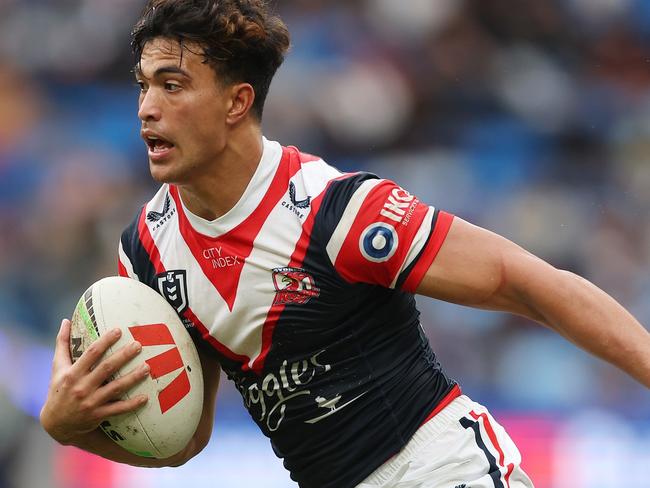 SYDNEY, AUSTRALIA - MAY 12: Joseph-AukusoÃÂ Suaalii of the Roosters in action during the round 10 NRL match between Sydney Roosters and New Zealand Warriors at Allianz Stadium, on May 12, 2024, in Sydney, Australia. (Photo by Mark Metcalfe/Getty Images)