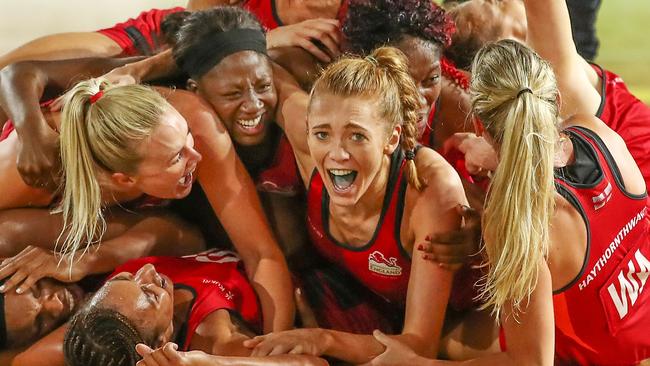 England players celebrate winning the gold medal match at last year’s Commonwealth Games on the Gold Coast. Picture: Getty Images