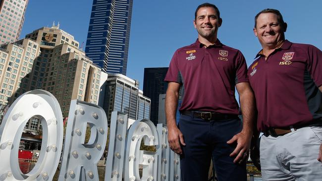 Outgoing Maroons captain Cameron Smith with coach Kevin Walters. Picture: Getty Images.