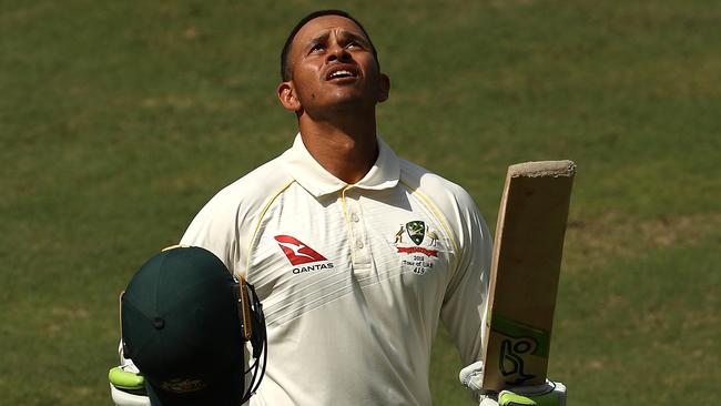 Usman Khawaja celebrates bringing up his century in Australia’s second innings. Picture: Getty Images