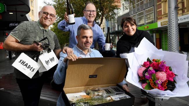 Opt Shop Optometry &amp; Shades owner Dennis Karis, Georges on Waymouth owner George Kasimatis, East End Cellars owner Michael Andrewartha and Connie Rhigas, owner of Adelaide Flower House. Picture: Tricia Watkinson