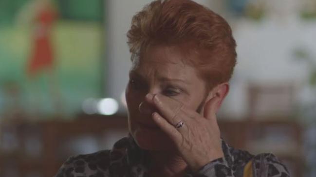 ‘I just felt everything was stripped away from me’: Hanson brushes a tear away as she recounts her jailing for electoral fraud. The conviction was overturned. Picture: SBS