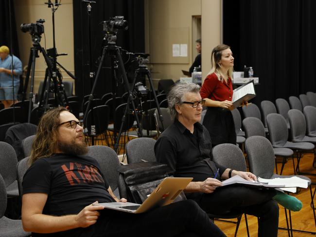 Keir Nuttall, Simon Phillips and Kate Miller-Heidke at a rehearsal for Bananaland. Picture: Jeff Busby