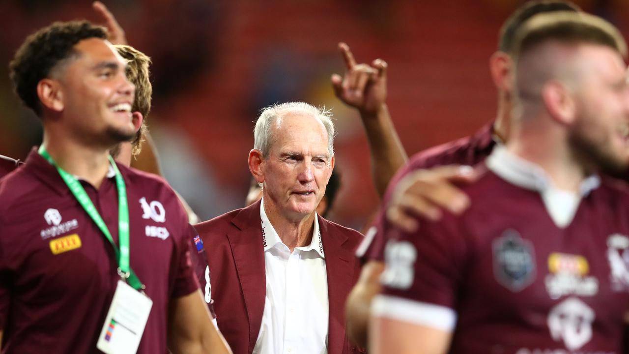 Wayne Bennett enjoys the celebrations after winning game three in 2020.