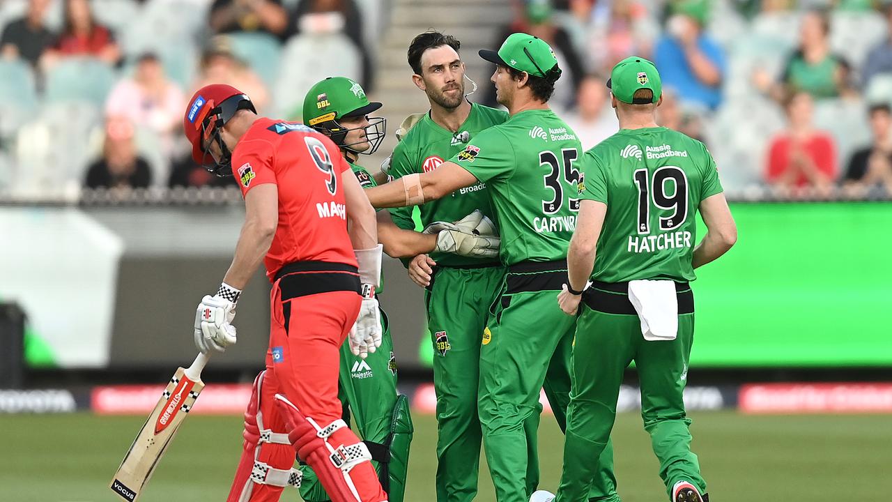 Glenn Maxwell celebrates bowling Aaron Finch on the second ball of the Melbourne derby.