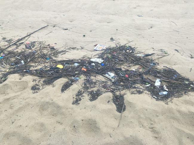 Rubbish including plastics on the sand of Grand Flaneur Beach at Chipping Norton.