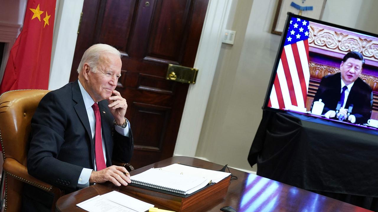 US President Joe Biden meets with China's President Xi Jinping during a virtual summit from the Roosevelt Room of the White House this week. Picture: Mandel Ngan / AFP