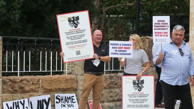 Parents are seen campaigning against Newington College's controversial decision to go co-ed at the prestigious secondary school. Picture: NCA NewsWire / Gaye Gerard