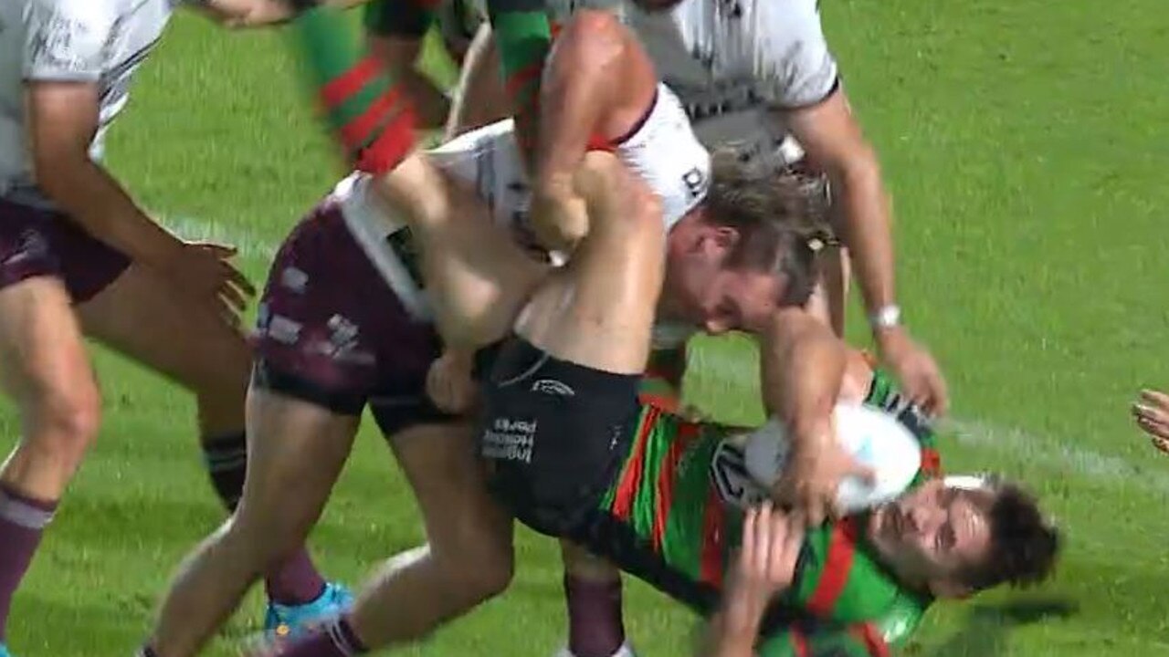 Karl Lawtorn was sent off for this tackle on Cameron Murray. Photo: Fox Sports.