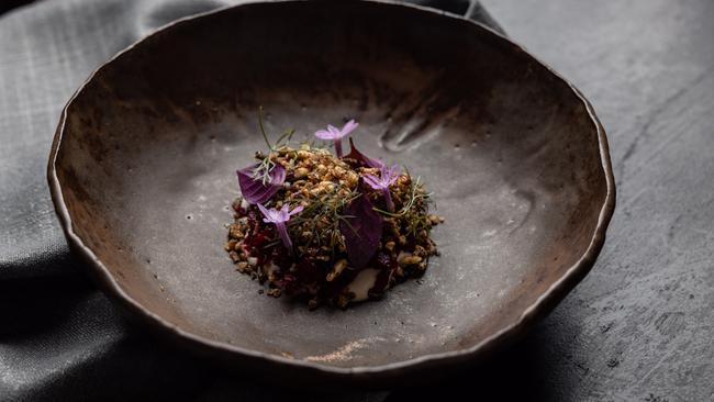 Pneuma’s heirloom beetroot, aged vinegar, garlic and almond cream, walnut. Picture: David Kelly