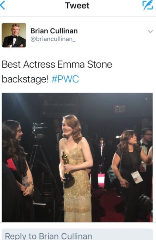 Brian Cullinan tweets a snap of Emma Stone as she arrives backstage after winning “Best Actress” during the 89th Annual Academy Awards. Picture: Twitter