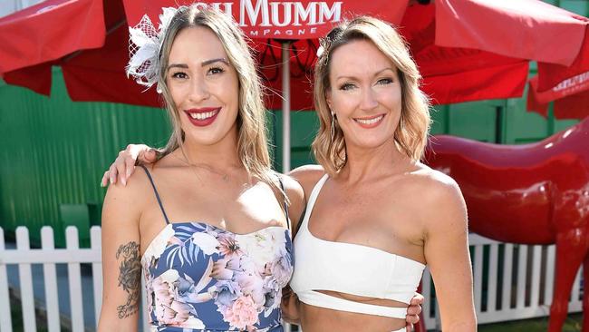 Cassie Lawson and Ashleigh Hunter at Ladies Oaks Day, Caloundra. Picture: Patrick Woods.