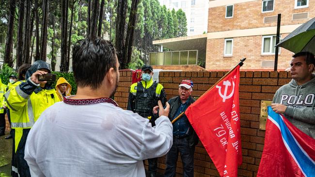 Ukrainian supporters clash with Russian supporters outside the Russian consulate in Sydney during a pro-Russia rally. Picture: NCA NewsWire / Flavio Brancaleone