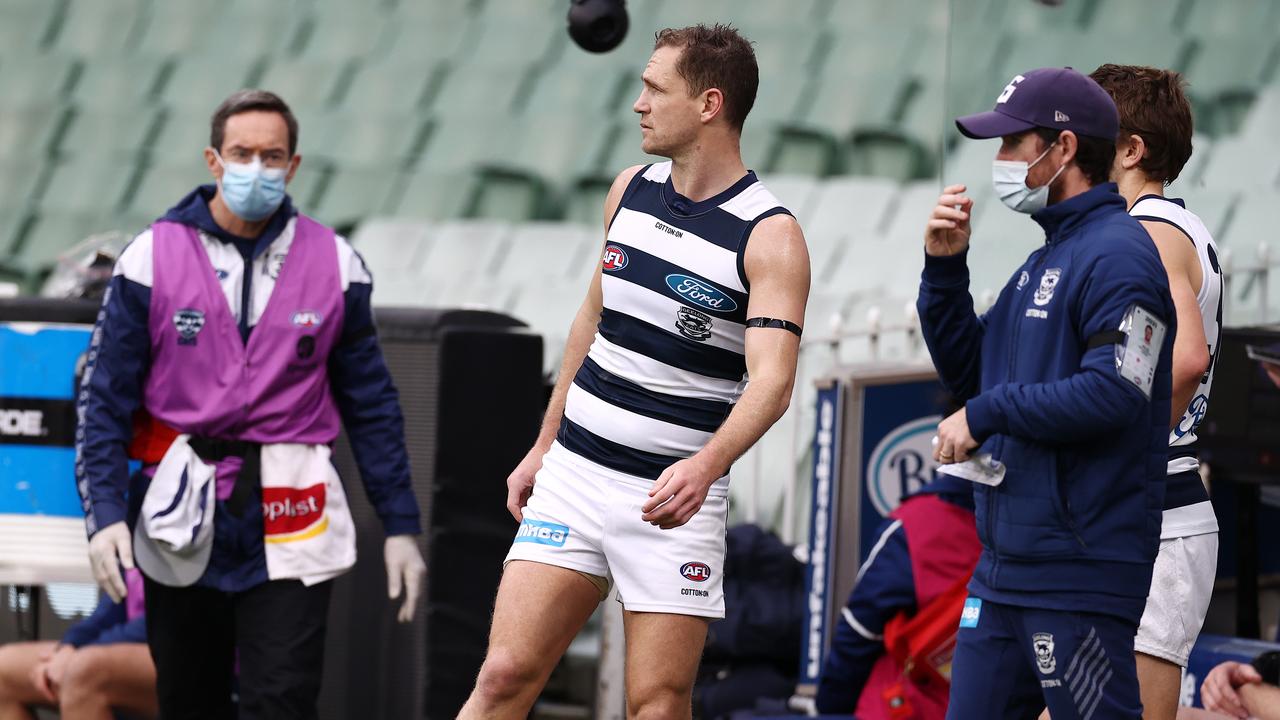 Joel Selwood was subbed out of the game. Picture: Michael Klein