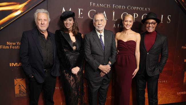 (L-R) Dustin Hoffman, Aubrey Plaza, Francis Ford Coppola, Nathalie Emmanuel and Giancarlo Esposito attend the "Megalopolis" premiere n New York. Picture: Getty