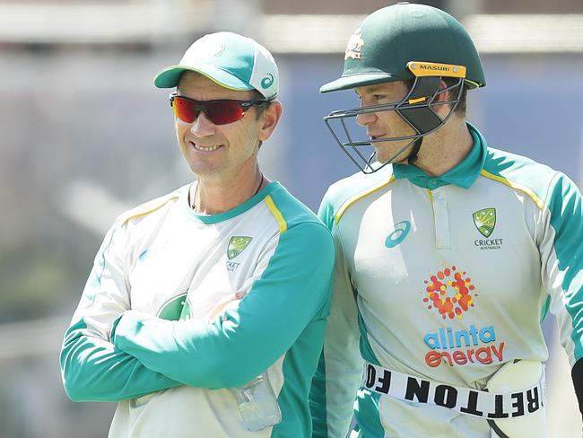 SYDNEY, AUSTRALIA - JANUARY 05: Tim Paine of Australia talks to Justin Langer, coach of Australia during an Australian nets session at the Sydney Cricket Ground on January 05, 2021 in Sydney, Australia. (Photo by Mark Metcalfe/Getty Images)