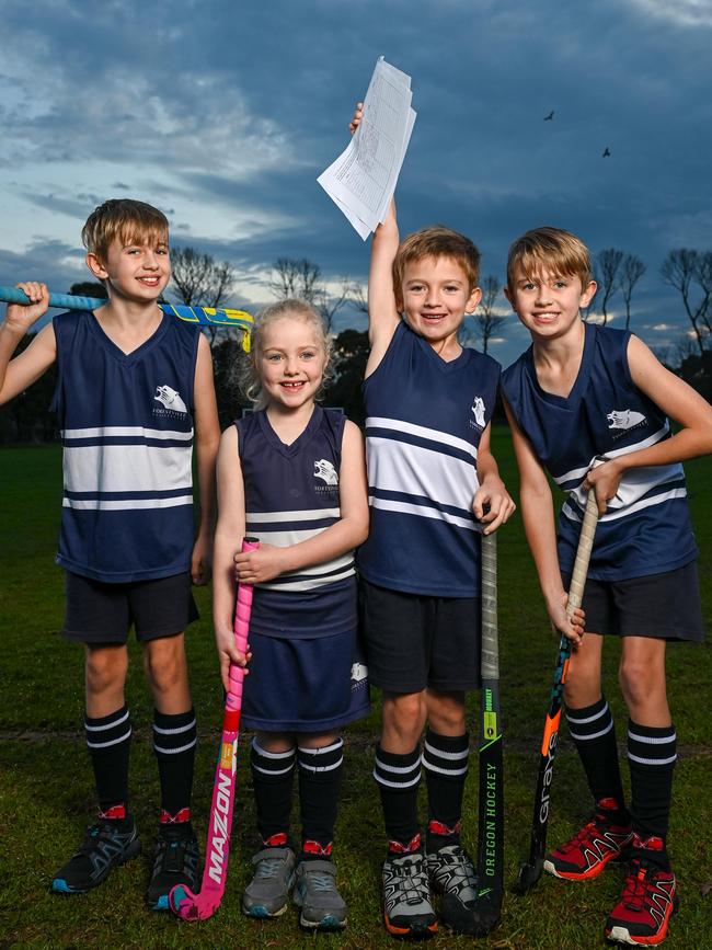 Members of the Forestville Hockey Club at Unley High School Jonas Ludvigsen, Madison White, Finn Ludvigsen and Tait Ludvigsen. Picture: Naomi Jellicoe