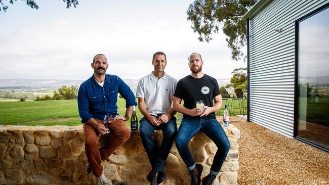 Anthony Mitolo from Pizzateca, Tom Harvey from Chalk Hill Wines and Tim Boast from Never Never Distilling Co. at their McLaren Vale home. Picture: Matt Turner