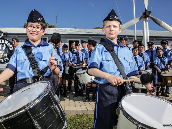 Brian Tran, 10, and Myles Manson, 9, training for the Pearl Harbour Memorial Parade. Picture: Carmela Roche