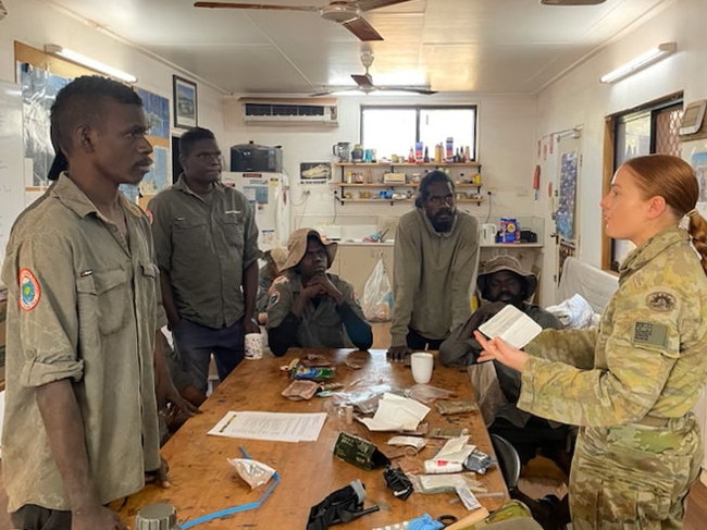 Private Bethany Dance from Combat Training Centre with Milingimbi Island rangers during Exercise Predators Run. Picture: Supplied