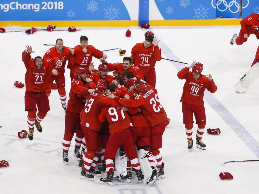 Russia celebrates after winning the men's gold medal hockey game at the 2018 Winter Olympics. (AP Photo/Jae C. Hong, FILE)