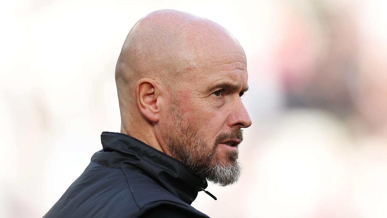 LONDON, ENGLAND - OCTOBER 27: Erik ten Hag, Manager of Manchester United, looks on as players of Manchester United warm up prior to the Premier League match between West Ham United FC and Manchester United FC at London Stadium on October 27, 2024 in London, England. (Photo by Eddie Keogh/Getty Images)