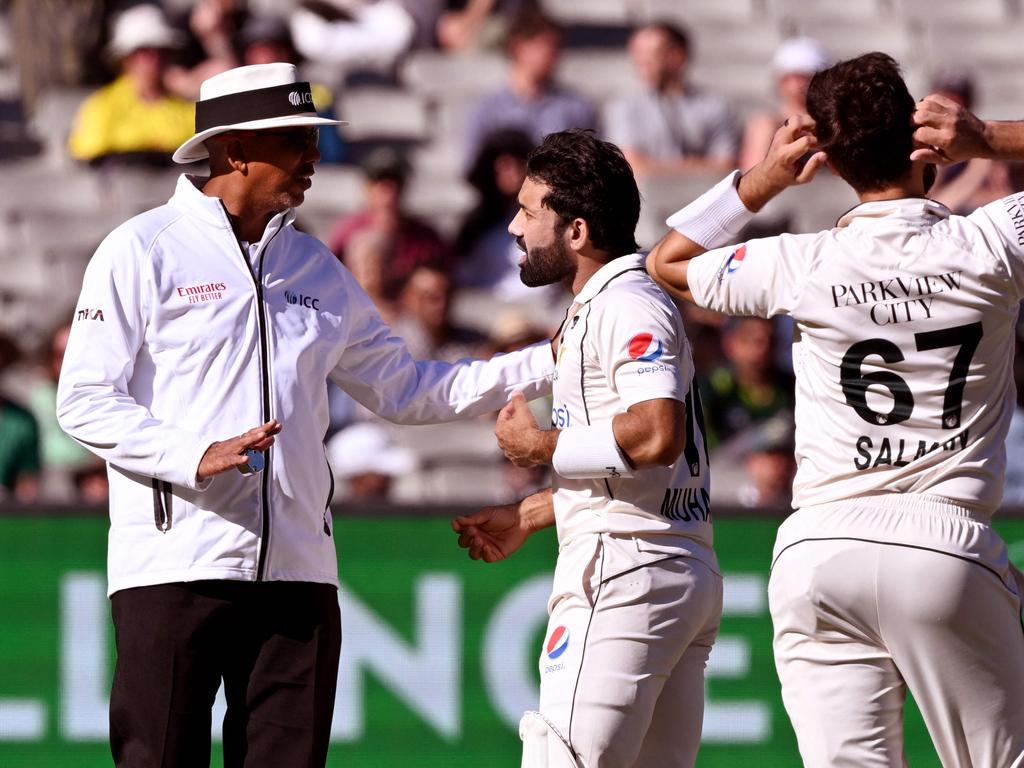 Mohammad Rizwan argues with umpire Joel Wilson after his dismissal. Picture: William WEST / AFP