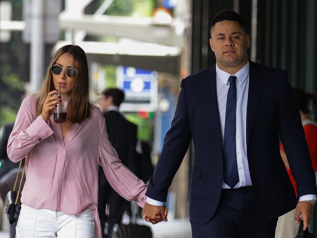 Jarryd Hayne arrives at the Downing Centre District Court with his partner Amelia Bonnici in Sydney as his sexual assault trial draws to a close. Picture: NCA NewsWire / Gaye Gerard