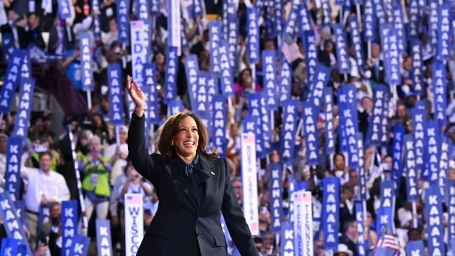 Kamala Harris waves as she arrives to speak on the fourth and last day of the Democratic National Convention in Chicago, Illinois on August 22. Picture: Robyn Beck/AFP