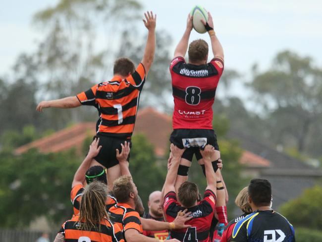 Gold Coast District Rugby Union clash between Coomera Crushers and Griffith Uni Colleges Knights. Played at Coomera. Coomera Player No1 Isaac Makelainen Griffith uni Player No8 Jaye Paton Pic Mike Batterham