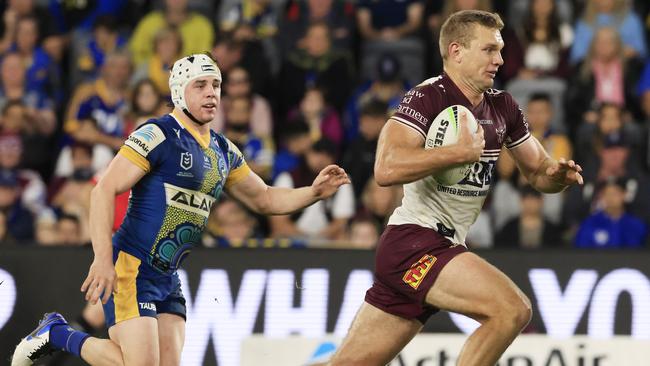 Tom Trbojevic of Manly makes a break during the round 11 NRL match between the Parramatta Eels and the Manly Sea Eagles at Bankwest Stadium, on May 23, 2021, in Sydney, Australia. (Photo by Mark Evans/Getty Images)