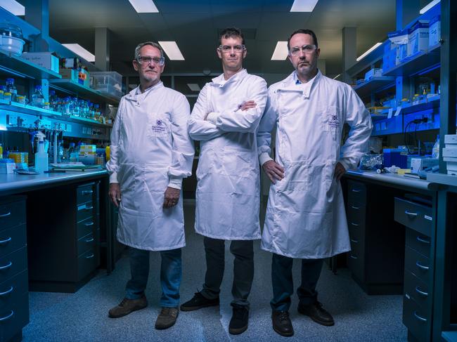 University of Queensland coronavirus vaccine researchers (from left) Professor Paul Young, Dr Keith Chappell and Professor Trent Munro. Picture: Glenn Hunt