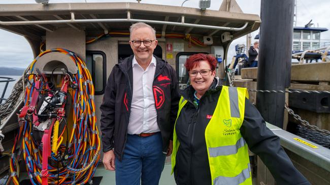 Anthony Albanese and successful Labor Braddon candidate Anne Urquhart visit Tassal salmon pens in Strahan, Tasmania. Picture: NewsWire