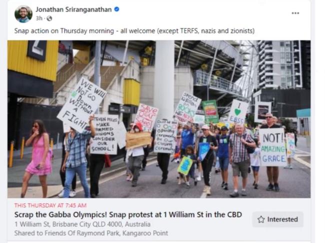 Greens mayoral candidate Jonathan Sriranganathan has drawn the outrage of the Jewish community with a social media post that provocatively excluded Zionists from a planned Gabba reconstruction protest. Photo: Facebook.