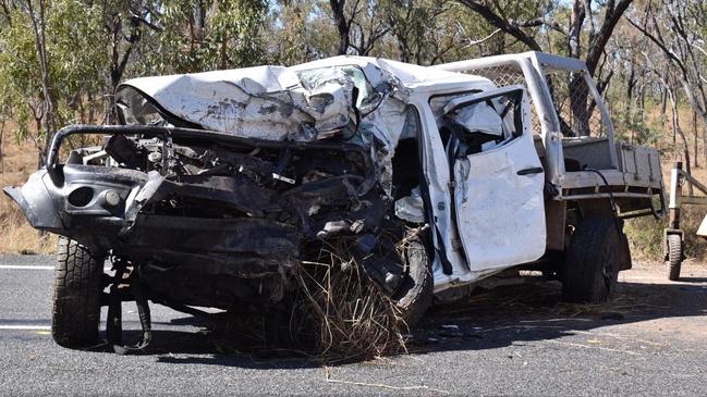 The scene of a fatal crash on the Peak Downs Highway east of Nebo, at Epsom. A Bowen man, 18, died at the scene. Another Bowen man, 18, was taken to Mackay Base Hospital. Picture: Tara Miko