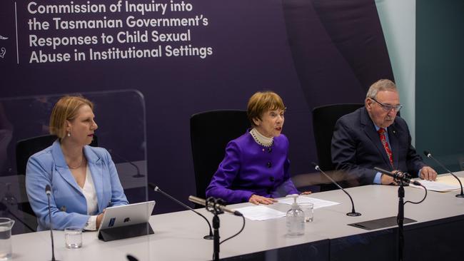 Commissioners Leah Bromfield, Marcia Neave and Robert Benjamin deliver Commission of Inquiry closing statements in Hobart. Picture: ABC/pool