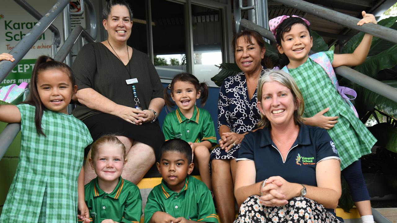 Brooklyn Corrie, Louki Burgess, Uwais Masud, Aiza Cameron and Sophia Suleiman with Principal Maria Albion and transitions teachers Laila McIntyre and Zowi Sumenora. Picture: (A)manda Parkinson