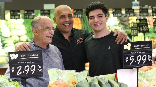 UQ student Drew Pavlou with grandfather Andrew, left, and father Nick at the family fruit and veg shop in Birkdale, Brisbane befor Friday’s decision. Picture: Lyndon Mechielsen