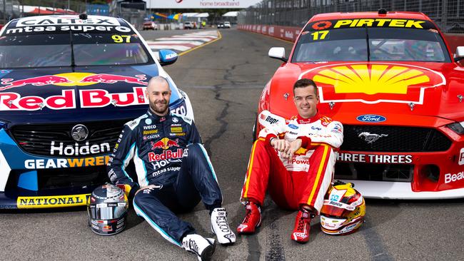 Shane van Gisbergen (left) of the Red Bull Holden Racing Team and Scott McLaughlin (right) of the Shell V-Power Racing Team. Picture: Daniel Kalisz/Getty