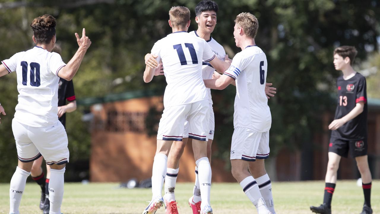 GPS First XI Football. St Joseph's Gregory Terrace vs The Southport School. TSS celebrate another goal. 5 September, 2020. Picture: Renae Droop