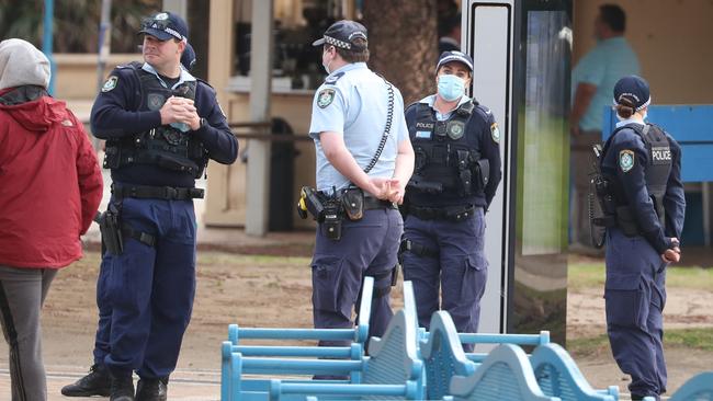 NSW police patrolling Coogee to ensure people were abiding by Covid restrictions on Monday. Picture: John Grainger