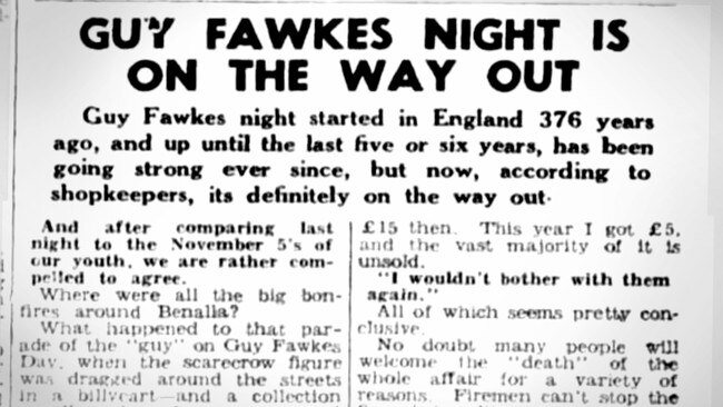 A 1950 article about the waning popularity of Guy Fawkes night. Picture: Trove