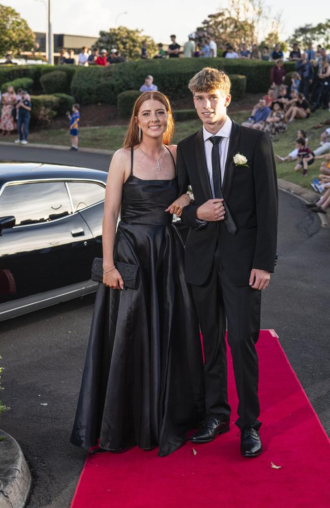 Graduate Sarah Mattocks and partner James Allmond arrive at Mary MacKillop Catholic College formal at Highfields Cultural Centre, Thursday, November 14, 2024. Picture: Kevin Farmer