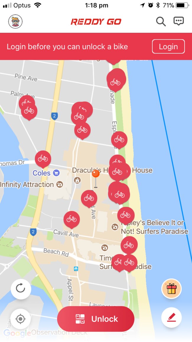 The locations of Reddy Go share bikes in Surfers Paradise. Picture: Supplied