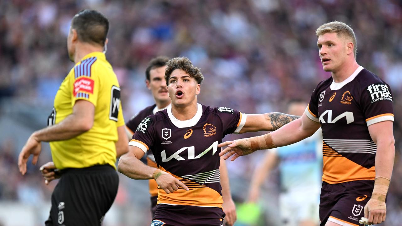 Reece Walsh blows up at the referee. Picture: NRL Photos.