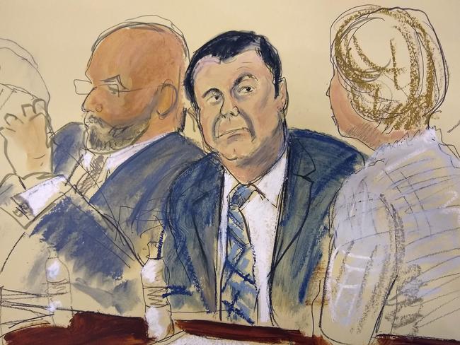 A sketch artist depicts Joaquin "El Chapo" Guzman in a New York court last week. Picture: AP